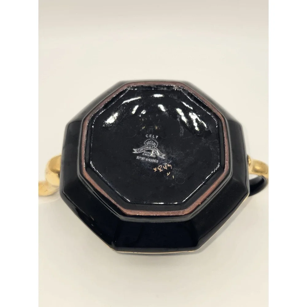 Gibson & Sons Black Celt Teapot Gold Transferware Burslem England Octagonal